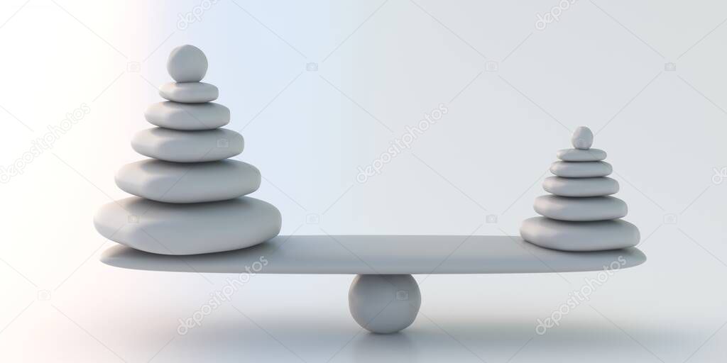 Harmony and balance, to weight pros and cons concept. Zen stones natural scales, smooth pebbles equilibrium isolated on white background.  3d illustration