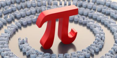 Uluslararası PI günü 14 Mart. Matematik ve fen konsepti, Pi Yunan alfabesi harfi, matematiksel sembol ve ondalık dizisi. Sabit irrasyonel sayı, 3d illüstrasyon