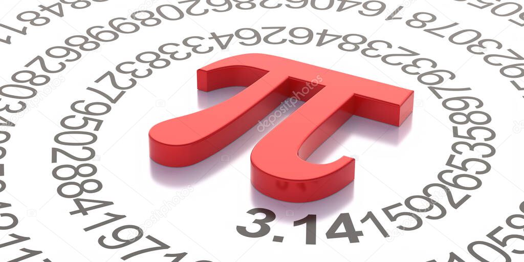 International PI day March 14. Math and science concept, Pi Greek alphabet letter, mathematical symbol and decimal sequence. Constant irrational number, 3d illustratio