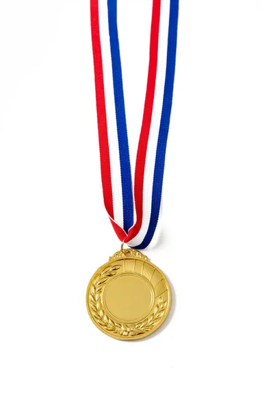 Medalla Oro Premio Del Ganador Colgando Cinta Azul Roja Trofeo — Foto de Stock