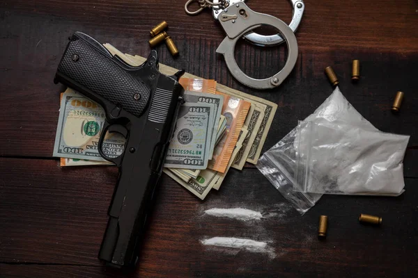 Illegal Substances Business Arrest Handcuffs Pistol Money Cocaine Packets Wooden — Stock Photo, Image