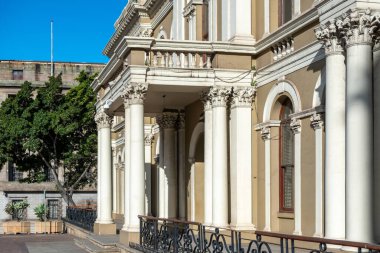South Africa. Port Elizabeth Gqeberha City Hall. Historic building with a clock tower in Market Square, blue sky
