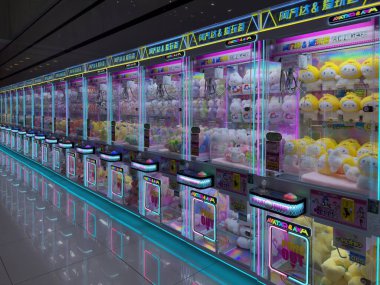 Pekin, Çin, 23 Mart 2025. Renkli pelüş oyuncaklarla dolu parlak atari makineleri bir alışveriş merkezinde neon ışıkların altında parlıyor.