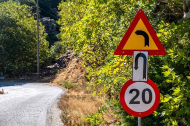 Güneşli kırsal yolun, parlak yeşilliklerin ve gölgelerin yanında keskin kıvrımlı uyarı işareti kontrastlık yaratıyor