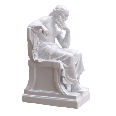 Beyaza izole edilmiş mermer heykel. Yunan filozof düşünceli bir poz verdi, 3D