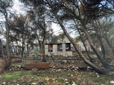 Yunanistan 'ın Atina kenti yakınlarındaki Penteli banliyösünde, paslı bir kapının arkasında terk edilmiş yanmış bir ev, bulutlu bir gökyüzü..