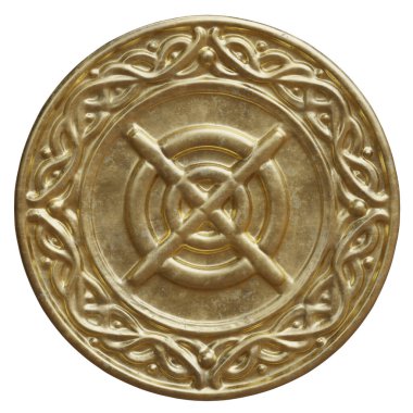 Beyaz üzerine izole edilmiş eski altın sikke, kabartma haç ve sınır, 3D renkte