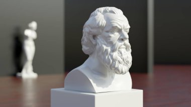 Sokrates 'in heykeli müzede sergileniyor. Antik Yunan filozof mermer kafa, 3D görüntüleme