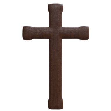 Haç beyazda izole edilmiş. Tahta Hıristiyan dini sembolü, 3D canlandırma