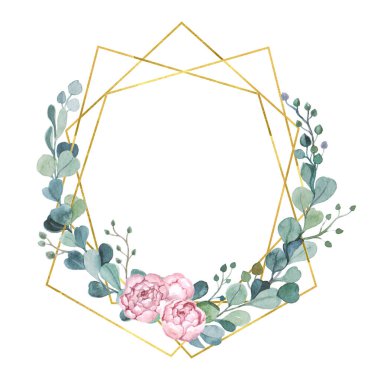 Beyaz arka planda suluboya okaliptüs çerçevesi. Düğün için illüstrasyon. Pembe güller çatlıyor.