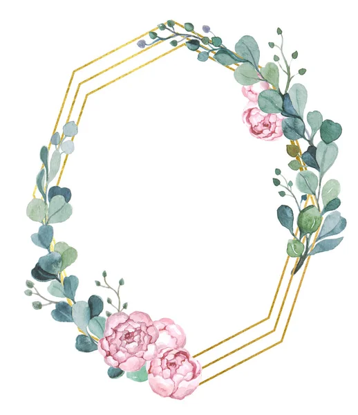 Watercolor cute eucalyptus frame on the white background. Illustration for wedding. Pink roses clipart.