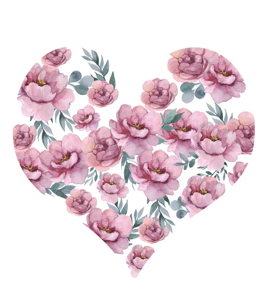 Watercolor hearts with flowers. Watercolor valentine\'s day. Floral decor for your design. Heart shaped flowers
