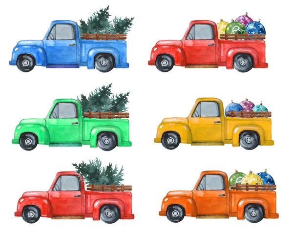 Watercolor retro trucks on a white background. Illustration for your design