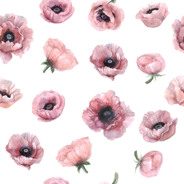 Bezešvé Vzor Akvarel Květiny Akvarel Růžový Mák Tkanina Balicí Papír — Stock fotografie