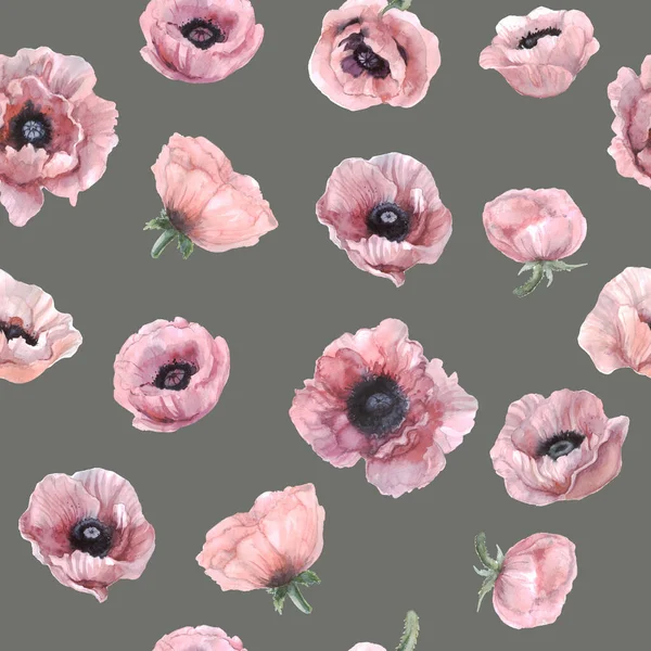Απρόσκοπτη Μοτίβο Των Λουλουδιών Ακουαρέλα Υδατογραφία Ροζ Παπαρούνες Ύφασμα Χαρτί Φωτογραφία Αρχείου
