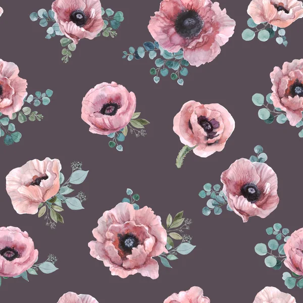 Απρόσκοπτη Μοτίβο Των Λουλουδιών Ακουαρέλα Υδατογραφία Ροζ Παπαρούνες Ευκάλυπτο Ύφασμα Royalty Free Εικόνες Αρχείου