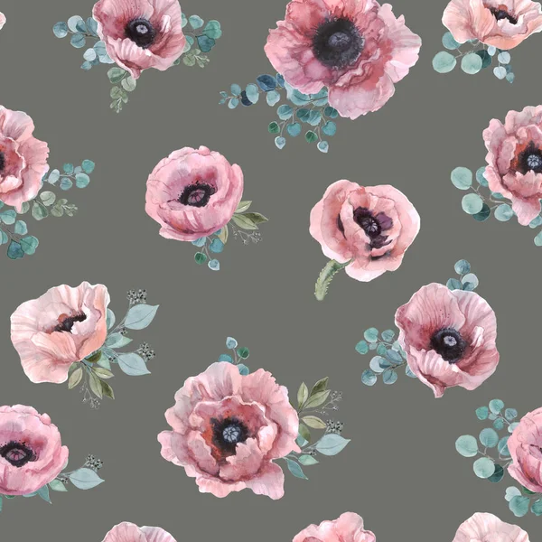 Απρόσκοπτη Μοτίβο Των Λουλουδιών Ακουαρέλα Υδατογραφία Ροζ Παπαρούνες Ευκάλυπτο Ύφασμα Royalty Free Φωτογραφίες Αρχείου
