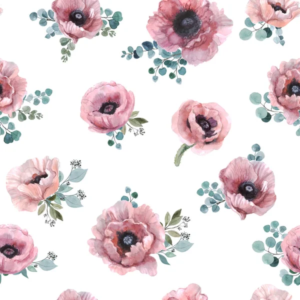 Απρόσκοπτη Μοτίβο Των Λουλουδιών Ακουαρέλα Υδατογραφία Ροζ Παπαρούνες Ευκάλυπτο Ύφασμα Εικόνα Αρχείου