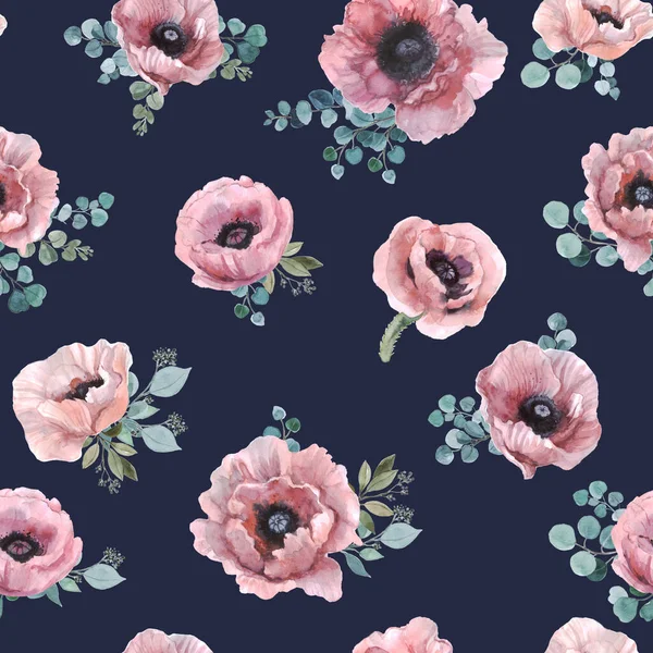 Απρόσκοπτη Μοτίβο Των Λουλουδιών Ακουαρέλα Υδατογραφία Ροζ Παπαρούνες Ευκάλυπτο Ύφασμα Royalty Free Εικόνες Αρχείου
