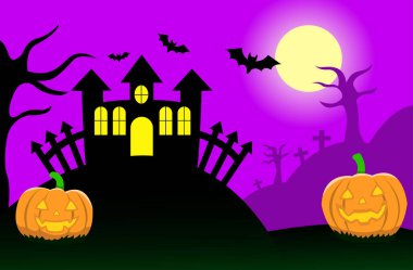 Mor renkli ve koyu şatolu Mutlu Cadılar Bayramı illüstrasyonları