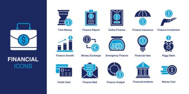 Finansal ikon seti. Zaman parası, finans raporu, çevrimiçi finans, finans sigortası, finans yatırımı, finans büyümesi ve daha fazlasını içeriyor. Sağlam vektör simgeleri koleksiyonu. Vektör illüstrasyonu.