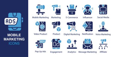 Mobil Pazarlama simgesi seti. Mobil pazarlama, e-ticaret, nüfuz sahibi, sosyal medya, video ürünü ve daha fazlasını içeriyor. Sağlam vektör simgeleri koleksiyonu. Vektör illüstrasyonu.