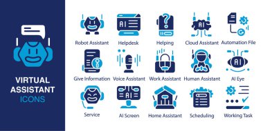 Sanal Yardımcı simge seti. Robot Asistanı, Yardım Masası, Bulut Asistanı, Otomasyon Dosyası. Sağlam vektör simgeleri koleksiyonu. Vektör illüstrasyonu.