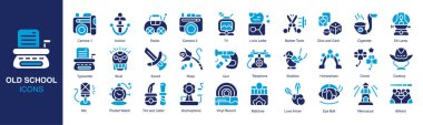 Eski okul simgesi seti. İçinde daktilo, Gramofon, Telefon, Cep Saati, Vinil Kayıt ve Aşk Mektubu ve daha fazlası var. Sağlam vektör simgeleri koleksiyonu. Vektör illüstrasyonu.
