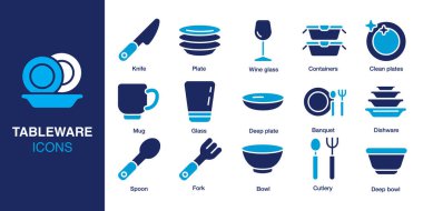 Masa takımı simgesi seti. İçinde tabak, cam, kalın tabak, çatal bıçak, kap, bıçak ve daha fazlası var. Sağlam vektör simgeleri koleksiyonu. Vektör illüstrasyonu.