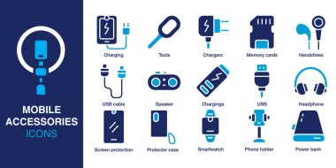 Mobil aksesuar simgesi seti. Şarj aleti, USB kablosu, kulaklık, telefon kablosu, hoparlör, akıllı seğirme ve daha fazlası. Sağlam vektör simgeleri koleksiyonu. Vektör illüstrasyonu.