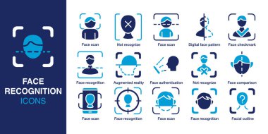 Yüz Tanıma simgesi ayarlandı. Yüz taraması, yüz kontrolü, yüz hatları, kimlik doğrulama, karşılaştırma ve artırılmış gerçeklik içeriyor. Sağlam vektör simgeleri koleksiyonu. Vektör illüstrasyonu.