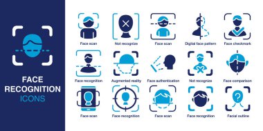 Yüz tanıma simgesi ayarlandı. Yüz taraması içeriyor, tanınmıyor, yüz taraması, yüz ifadesi, yüz ifadesi, dijital yüz şekli, yüz kontrolü ve daha fazlası. Sağlam vektör simgeleri koleksiyonu. Vektör illüstrasyonu.