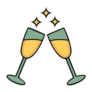 İki şampanya kadehi, sarı köpüklü şarap ve yıldızlarla kadeh kaldırıyor. Bu vektör illüstrasyon simgesi bir tatil partisi ya da düğün etkinliği için bir kutlamayı temsil eder.