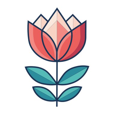 Geometrik kırmızı lale vektör illüstrasyonunda beyaz arka planda stilize yapraklar ve yeşil yapraklar bulunur. Bu düz tasarım çiçek ikonu basit ve kalın ana hatlarıyla bahar doğasını temsil eder..