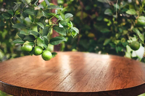 Κενό Ξύλινο Τραπέζι Ελεύθερο Χώρο Πάνω Από Πράσινα Λεμόνια Δέντρο — Φωτογραφία Αρχείου