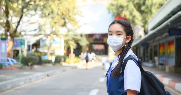 Back School Asian Child Girl Wearing Face Mask Backpack Going — Stockfoto