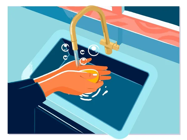 Πλένει τα χέρια τρίβοντας με σαπούνι γυναίκα για την πρόληψη του ιού του στέμματος — Διανυσματικό Αρχείο