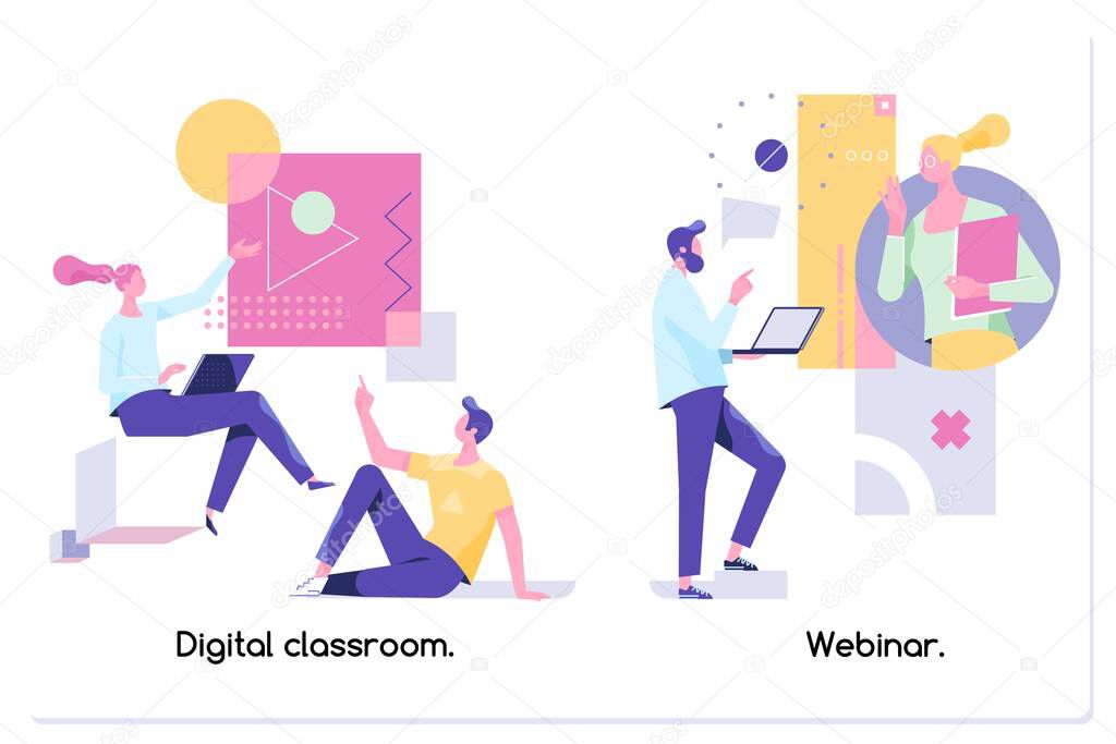 Educational web seminar, internet classes, professional personal teacher service.Vector isolated concept illustrations