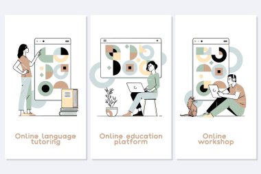 Flat design concept of online education, training and courses, learning, video tutorials.Distance web learning abstract concept vector illustration set. clipart