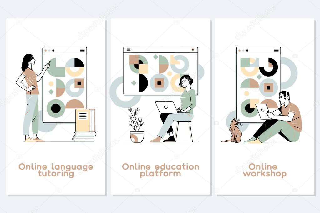 Flat design concept of online education, training and courses, learning, video tutorials.Distance web learning abstract concept vector illustration set.