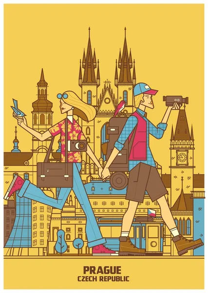 Romantické cestování žena a muž v lásce usměvavý šťastný chůze venku během dovolené v Praze.Line vektorové ilustrace — Stockový vektor