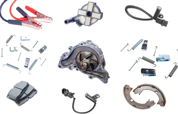 Collage Car Parts Brake Pads Ignition Coils Crankshaft Sensor Water — Stock Photo, Image