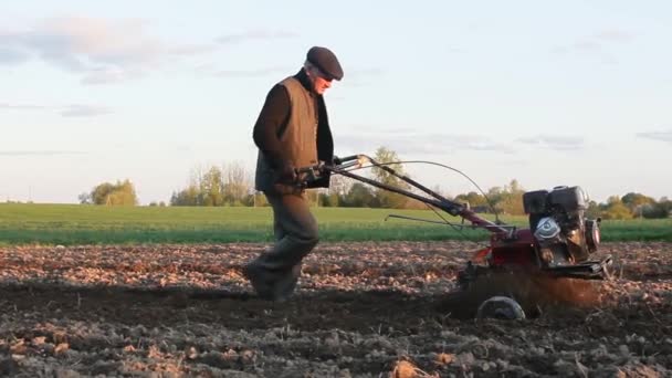 Filmagens Agricultor Com Trator Walk Cultiva Terra Com Arado Noite — Vídeo de Stock