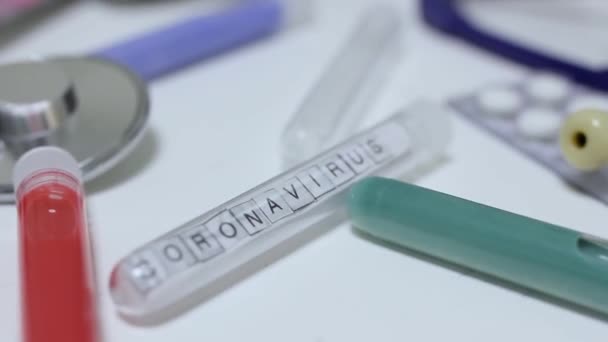 Tubo Ensayo Médico Con Covid19 Concepto Pandémico Prevención Contaminación Coronavirus — Vídeo de stock