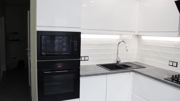 White Compact Kitchen Interior Built Household Appliances — Stock Video