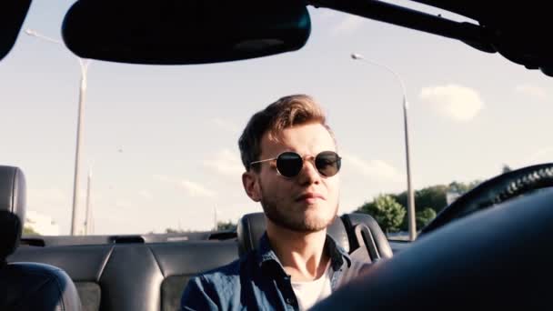 Man Sunglasses Rides Convertible Highway Wind Concept Male Freedom Movement — Stock Video
