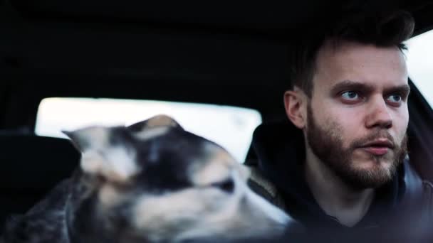 Male Driver Rides Car Dog Passenger Sad — Stock Video
