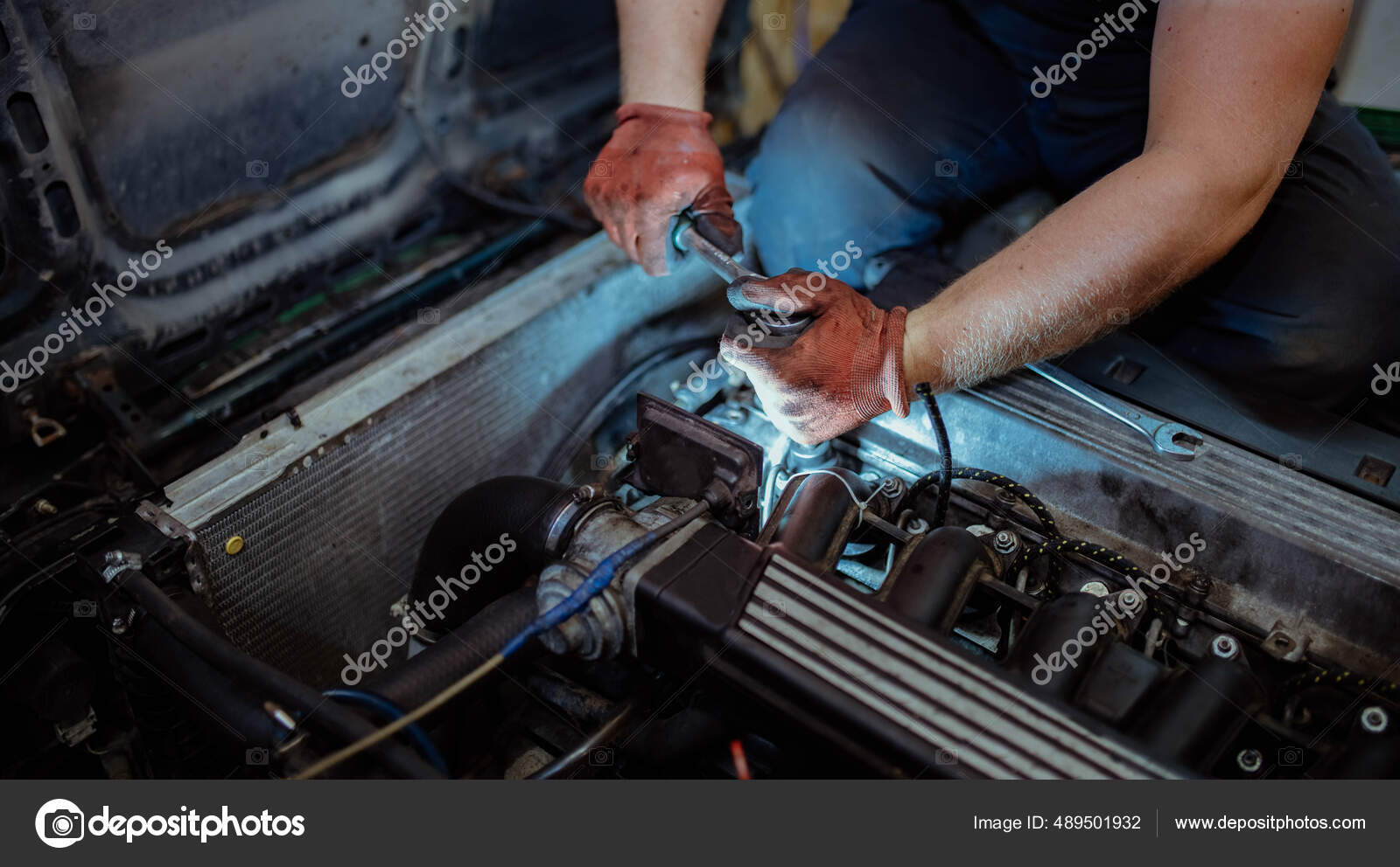 Car Engine Repair Pulling Cylinder Head Bolts Torque Wrench Stock Photo