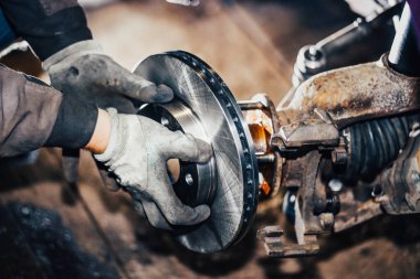 installation of a new brake disc in a car, repair of a brake system in a car service.