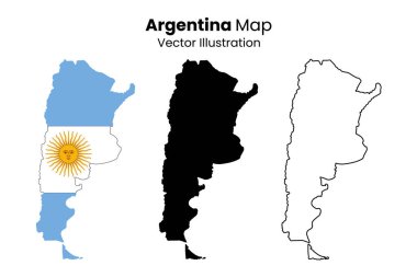 Argentina map vector illustration with flag and outline. Three distinct representations of Argentina: a colored map with the flag, a solid black silhouette, and a thin outline.